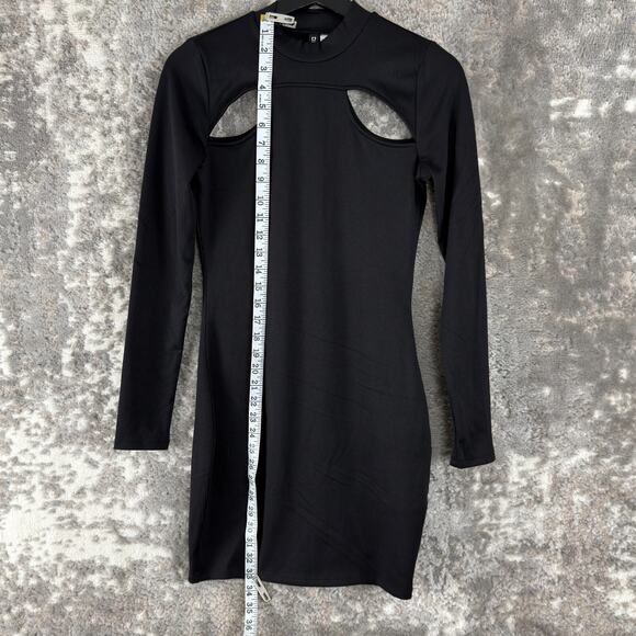 H&M Size S Cutout Crewneck Mini Sheath Dress Black Long Sleeve Pullover - Picture 2 of 8